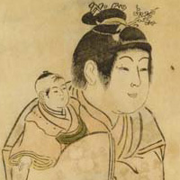 Une fille portant un petit enfant coiffé d'une mèche nouée et relevée au sommet du front, de deux mèches sur les tempes et d'un petit chignon au sommet du crâne